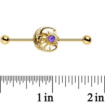 BodyCandy Purple Faux Opal Gold Anodized Moon and Sun Industrial Barbell 38mm — detail close-up