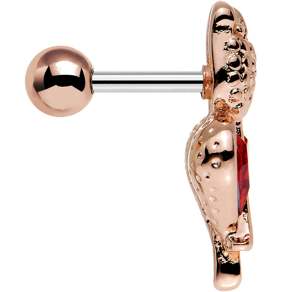 BodyCandy 16G 1/4 Red Gem Rosy Hue Heart and Rose Flower Tragus Cartilage Earring — detail close-up