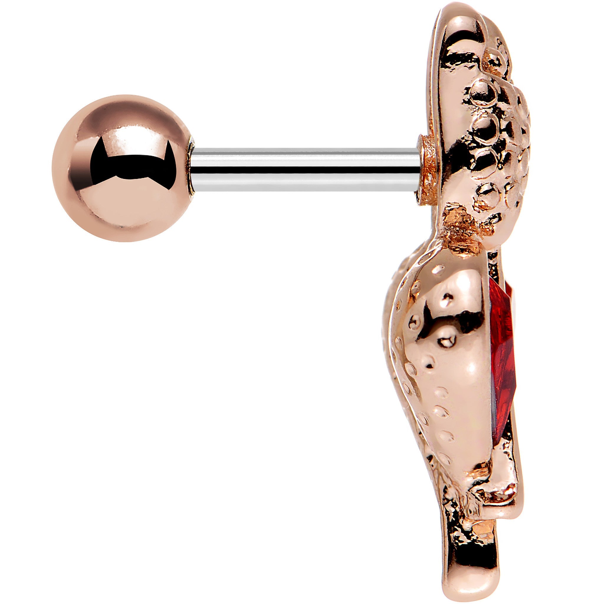 BodyCandy 16G 1/4 Red Gem Rosy Hue Heart and Rose Flower Tragus Cartilage Earring — detail close-up