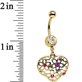 BodyCandy Clear Pink Gem Gold Anodized Flower Garden Heart Dangle Belly Ring — detail close-up