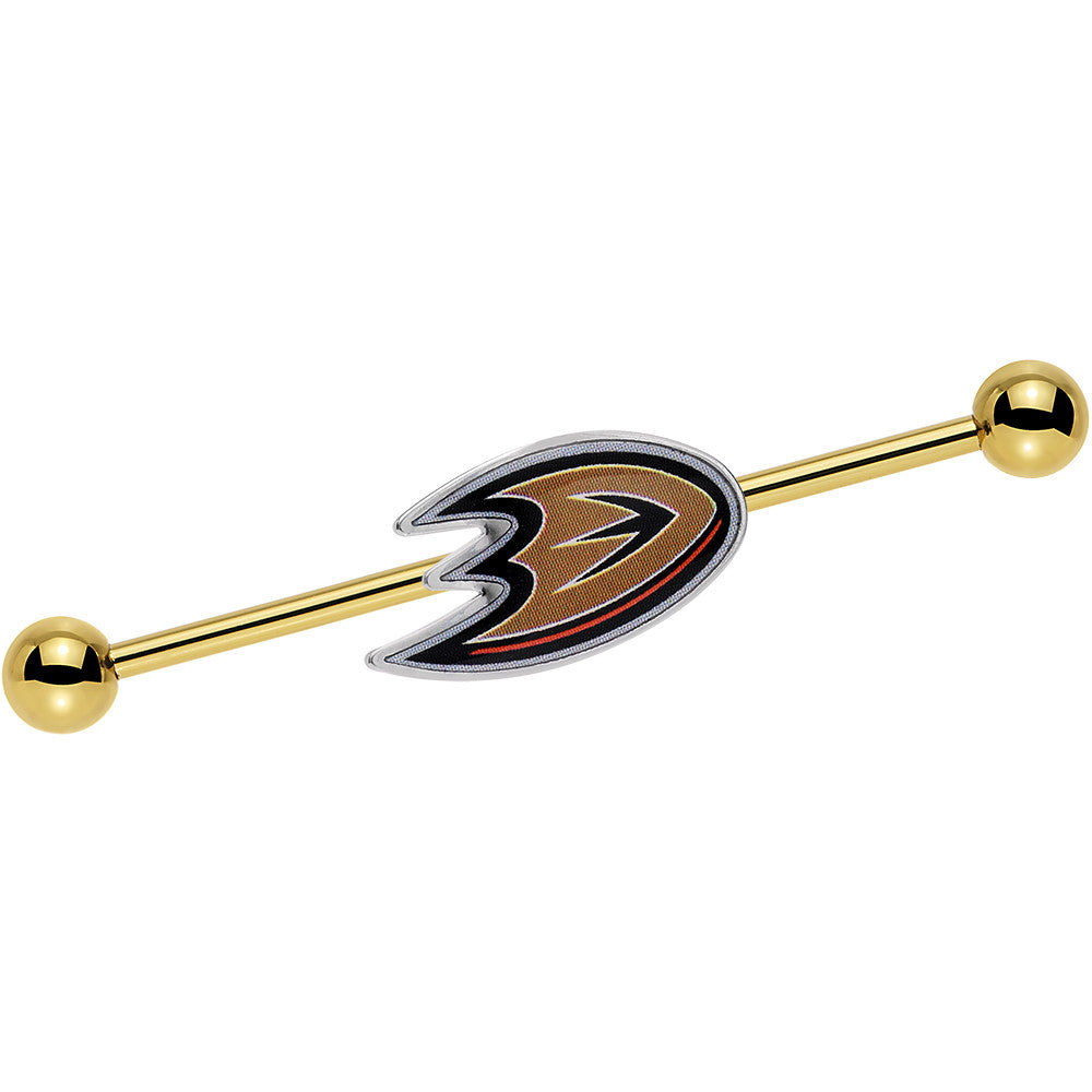 BodyCandy Licensed NHL Gold Anodized Anaheim Ducks Logo Industrial Barbell 38mm — main product shot