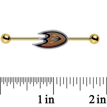 BodyCandy Licensed NHL Gold Anodized Anaheim Ducks Logo Industrial Barbell 38mm — detail close-up