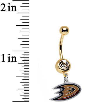 BodyCandy Licensed NHL Clear Gem Gold Anodized Anaheim Ducks Logo Belly Ring — detail close-up