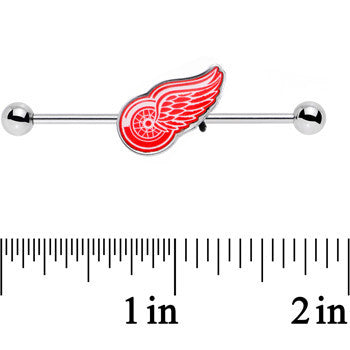 BodyCandy Officially Licensed NHL Detroit Red Wings Logo Industrial Barbell 38mm — detail close-up