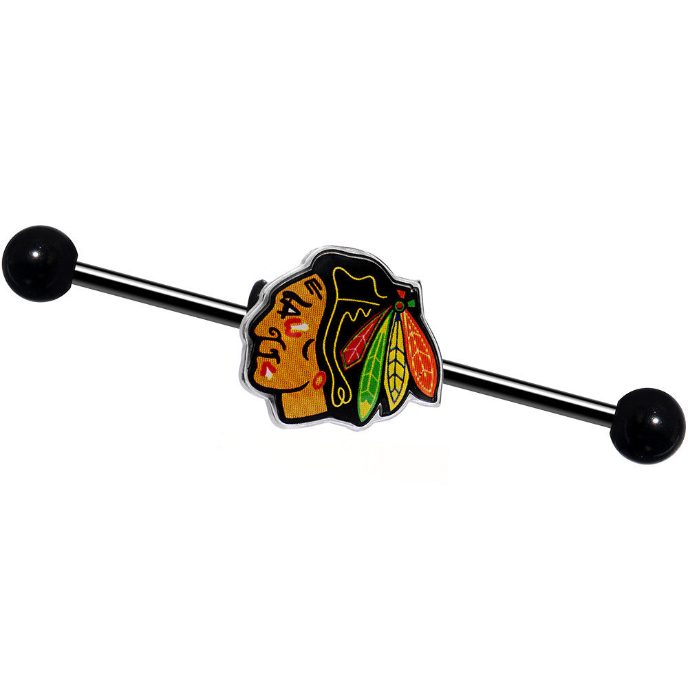 BodyCandy Licensed NHL Black Chicago Blackhawks Logo Industrial Barbell 38mm — main product shot