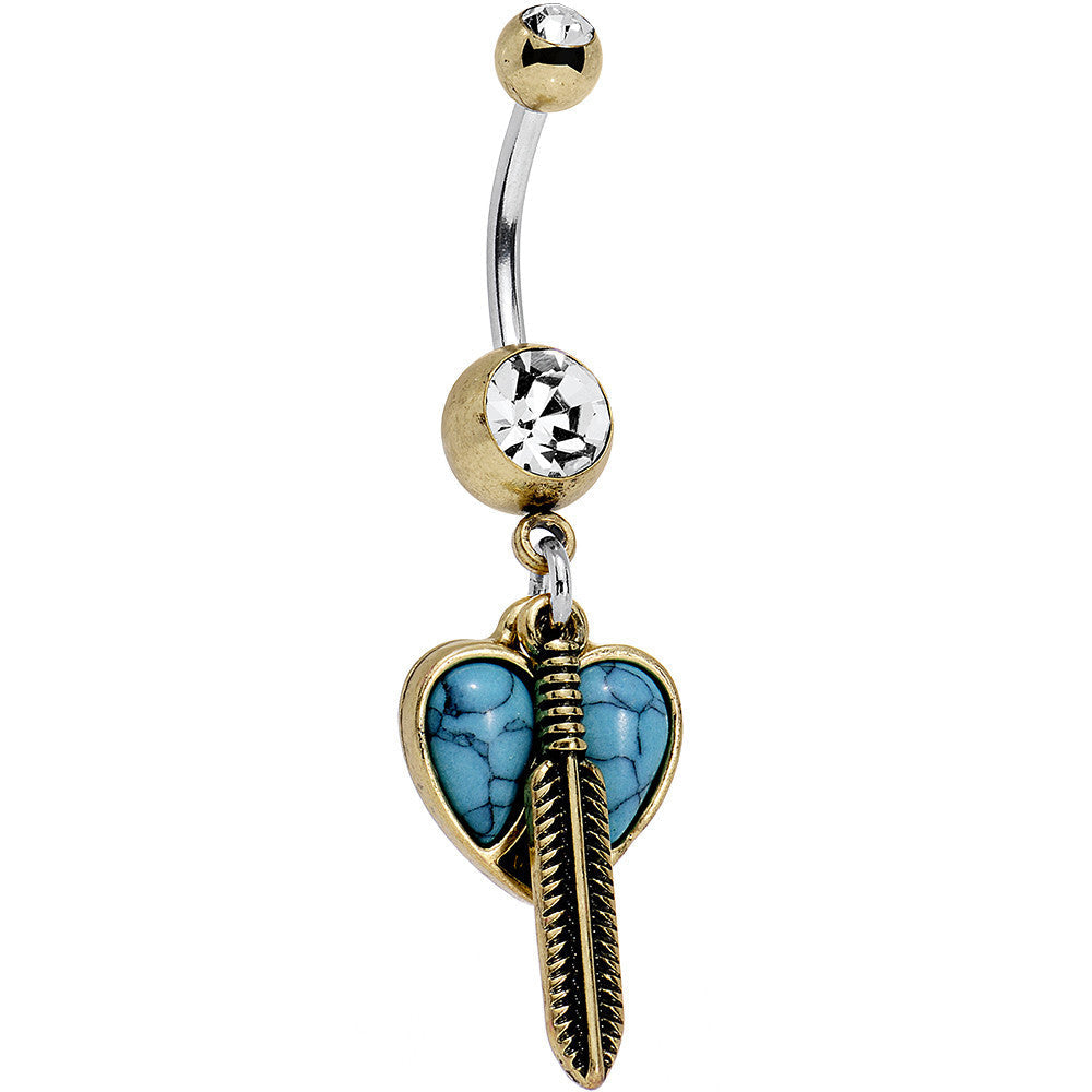BodyCandy Faux Turquoise Clear Gem Heart Forever Feather Dangle Belly Ring — main product shot