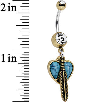 BodyCandy Faux Turquoise Clear Gem Heart Forever Feather Dangle Belly Ring — detail close-up
