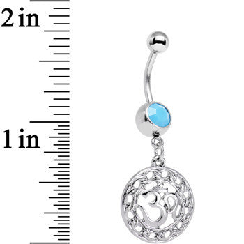 BodyCandy Faux Turquoise Circular Frame Spend the Day At Ohm Dangle Belly Ring — detail close-up