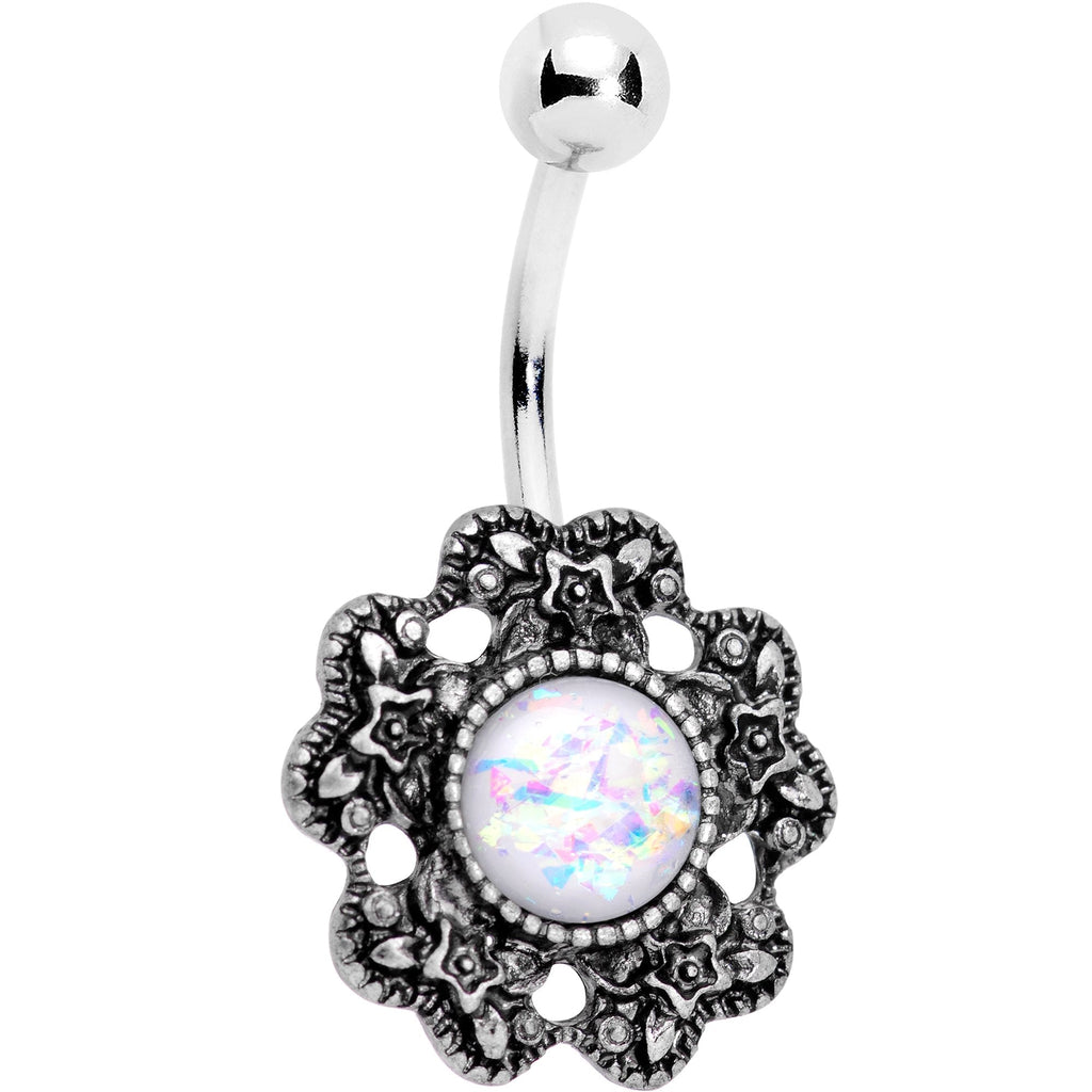 BodyCandy White Faux Opal Forget Me Never Flower Belly Ring — detail close-up