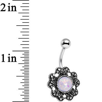 BodyCandy White Faux Opal Forget Me Never Flower Belly Ring — lifestyle context