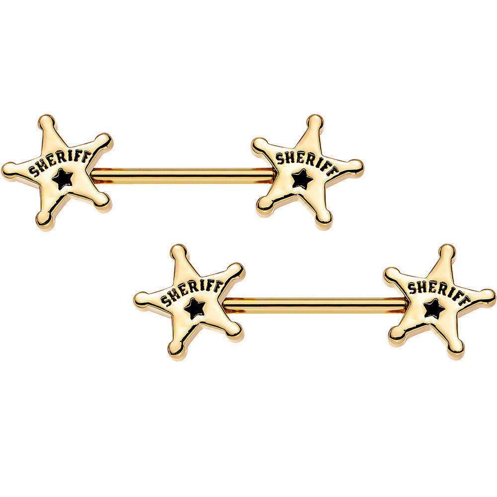 BodyCandy 14G 5/8 Gold Plated Steel Sheriffs Badge Nipple Barbell Set — main product shot