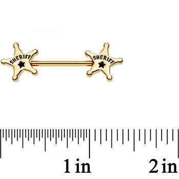 BodyCandy 14G 5/8 Gold Plated Steel Sheriffs Badge Nipple Barbell Set — detail close-up