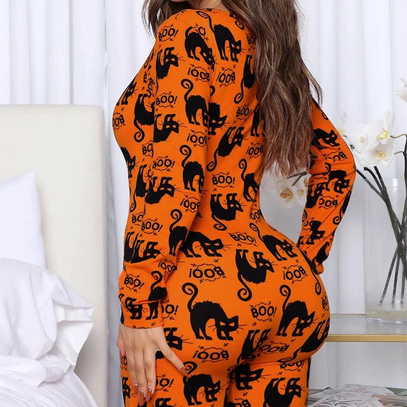 Halloween Printed Jumpsuit - Long Sleeve Home Pajamas