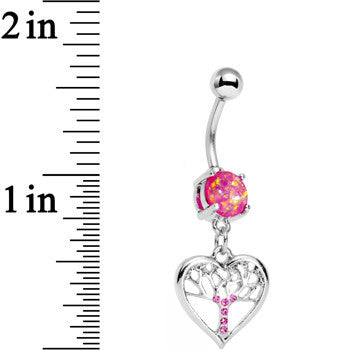 BodyCandy Pink Faux Opal Pink Gem Tree of Life Heart Dangle Belly Ring — detail close-up