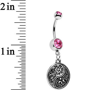 BodyCandy Pink Gem Floral Fantasy Yin Yang Disc Dangle Belly Ring — detail close-up