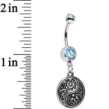BodyCandy Aqua Gem Floral Fantasy Yin Yang Disc Dangle Belly Ring — detail close-up