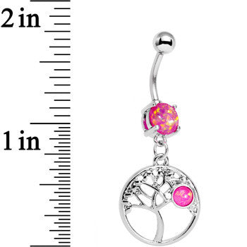 BodyCandy Pink Faux Opal Circular Frame Terra Tree of Life Dangle Belly Ring — detail close-up