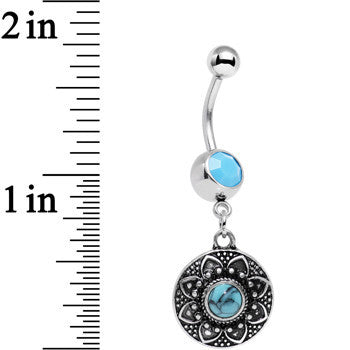 BodyCandy Faux Turquoise Southwestern Flower Power Disc Dangle Belly Ring — detail close-up