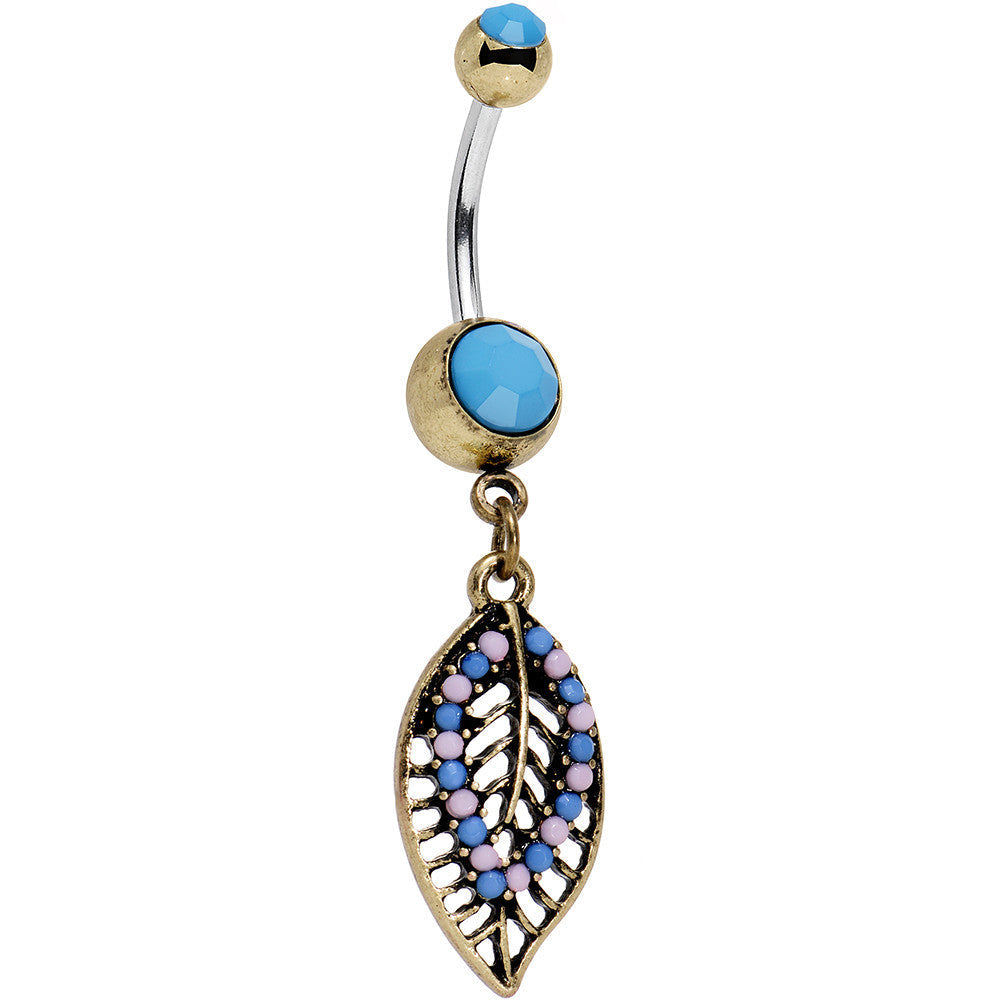 BodyCandy Faux Turquoise Pink and Blue Bead Latticework Leaf Dangle Belly Ring — main product shot