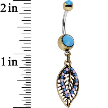 BodyCandy Faux Turquoise Pink and Blue Bead Latticework Leaf Dangle Belly Ring — detail close-up