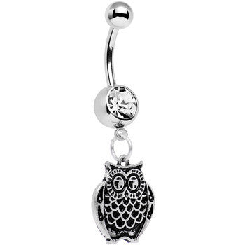 BodyCandy Clear Gem Ornery Owl Dangle Belly Ring — detail close-up