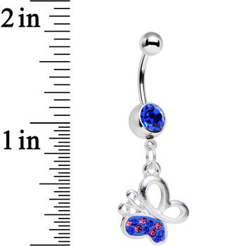 BodyCandy Blue Pink Gem Busy Butterfly Dangle Belly Ring — detail close-up