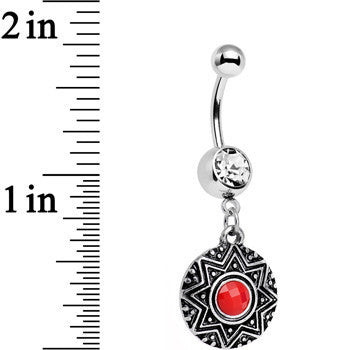 BodyCandy Clear Red Gem Disc Dangle Belly Ring — detail close-up