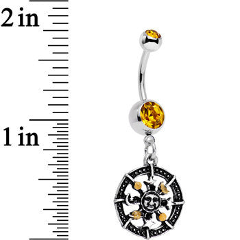 BodyCandy Orange Gem Moonspun Moon Sun and Stars Dangle Belly Ring — detail close-up
