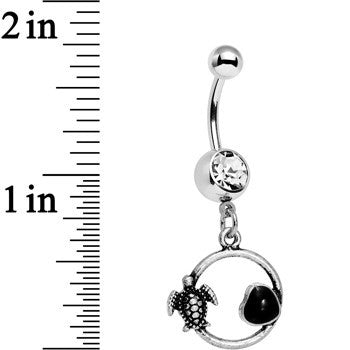 BodyCandy Clear Black Gem Love My Tortoise Heart Dangle Belly Ring — detail close-up