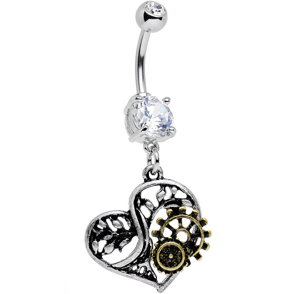 BodyCandy Clear Gem Steampunk Mechanical Heart Dangle Belly Ring — main product shot