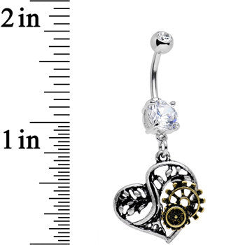 BodyCandy Clear Gem Steampunk Mechanical Heart Dangle Belly Ring — detail close-up