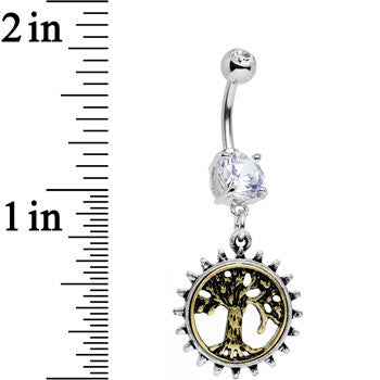 BodyCandy Clear Gem Steampunk Mechanical Tree of Life Dangle Belly Ring — detail close-up