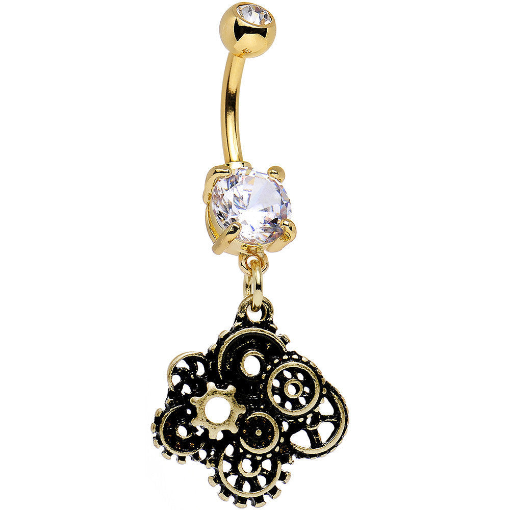 BodyCandy Clear Gem Gold PVD Steampunk Jumble Gears Dangle Belly Ring — main product shot