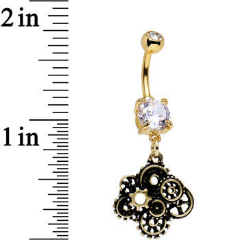 BodyCandy Clear Gem Gold PVD Steampunk Jumble Gears Dangle Belly Ring — detail close-up