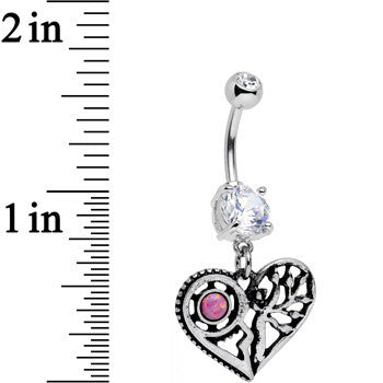 BodyCandy Clear Gem Faux Pink Opal Steampunk Heart Tree Dangle Belly Ring — detail close-up