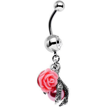 BodyCandy Clear Gem Pink Orb Dalliance in Rose Flower Dangle Belly Ring — detail close-up