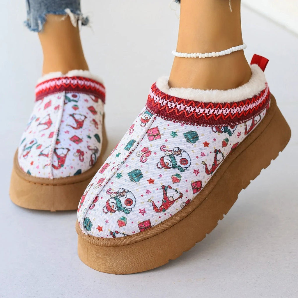 Mandotos Christmas Cartoon Print Plush Lined Slip On Navy Ankle Boots For Women Indoor Home Shoes