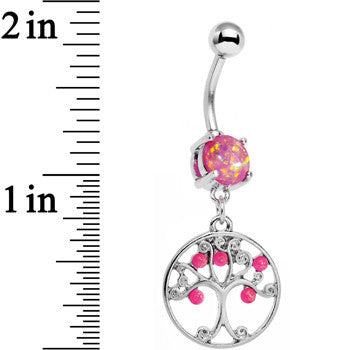 BodyCandy Pink Faux Opal Terra Firma Tree of Life Dangle Belly Ring — detail close-up