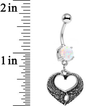 BodyCandy White Faux Opal Laurel Heart Dangle Belly Ring — detail close-up