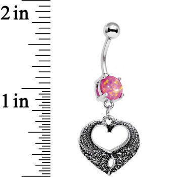 BodyCandy Pink Faux Opal Laurel Heart Dangle Belly Ring — detail close-up