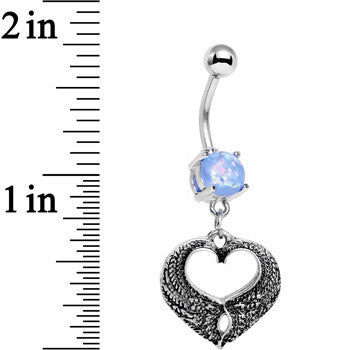 BodyCandy Light Blue Faux Opal Laurel Heart Dangle Belly Ring — detail close-up
