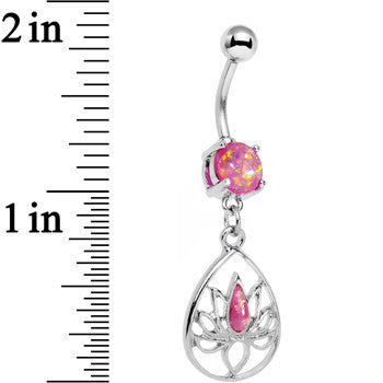 BodyCandy Pink Faux Opal Wrap It Up Lotus Flower Dangle Belly Ring — detail close-up