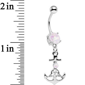 BodyCandy White Faux Opal Celtic Knot Anchor Dangle Belly Ring — detail close-up