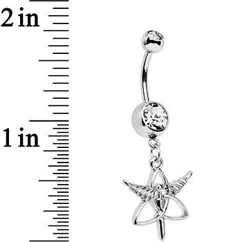 BodyCandy Clear Gem Heroic Heralds Staff and Trinity Dangle Belly Ring — detail close-up