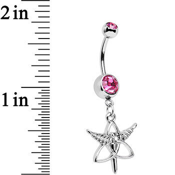BodyCandy Pink Gem Heroic Heralds Staff and Trinity Dangle Belly Ring — detail close-up
