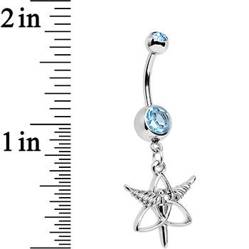 BodyCandy Aqua Gem Heroic Heralds Staff and Trinity Dangle Belly Ring — detail close-up