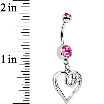 BodyCandy Pink Gem Twisted Trinity Heart Dangle Belly Ring — detail close-up