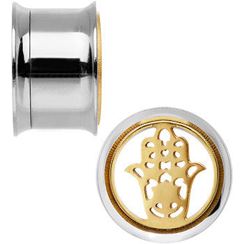 BodyCandy 5/8 Steel Sunlit Hamsa Hand Screw Fit Tunnel Plug Set — detail close-up
