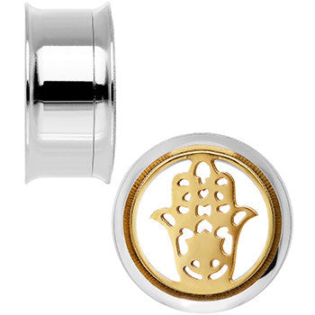 BodyCandy 7/8 Steel Sunlit Hamsa Hand Screw Fit Tunnel Plug Set — detail close-up
