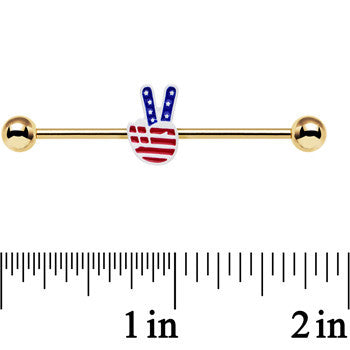 BodyCandy Gold Anodized Red White Blue Hand Peace Sign Industrial Barbell 38mm — detail close-up